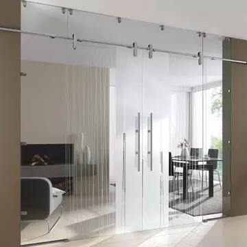 kétszárnyú ajtóval kombinált térelválasztó üvegfal